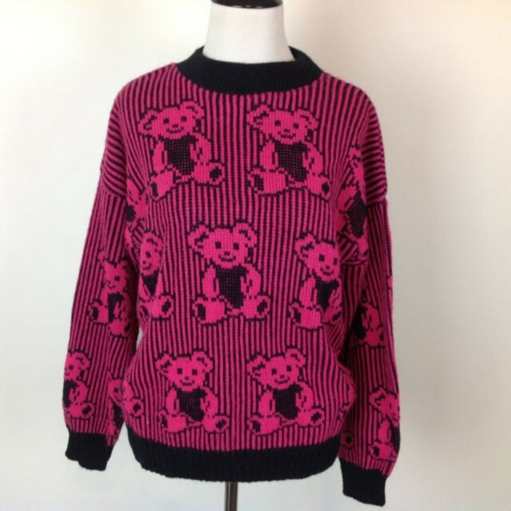 Vintage Adele Sweater Teddy Bears Pink Stripe Womens Medium